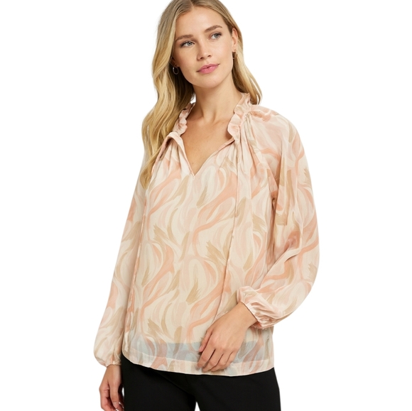entro Tops - Entro Peach Swirl Print Blouse – Ruffle Neck Sheer Lightweight Top Size M